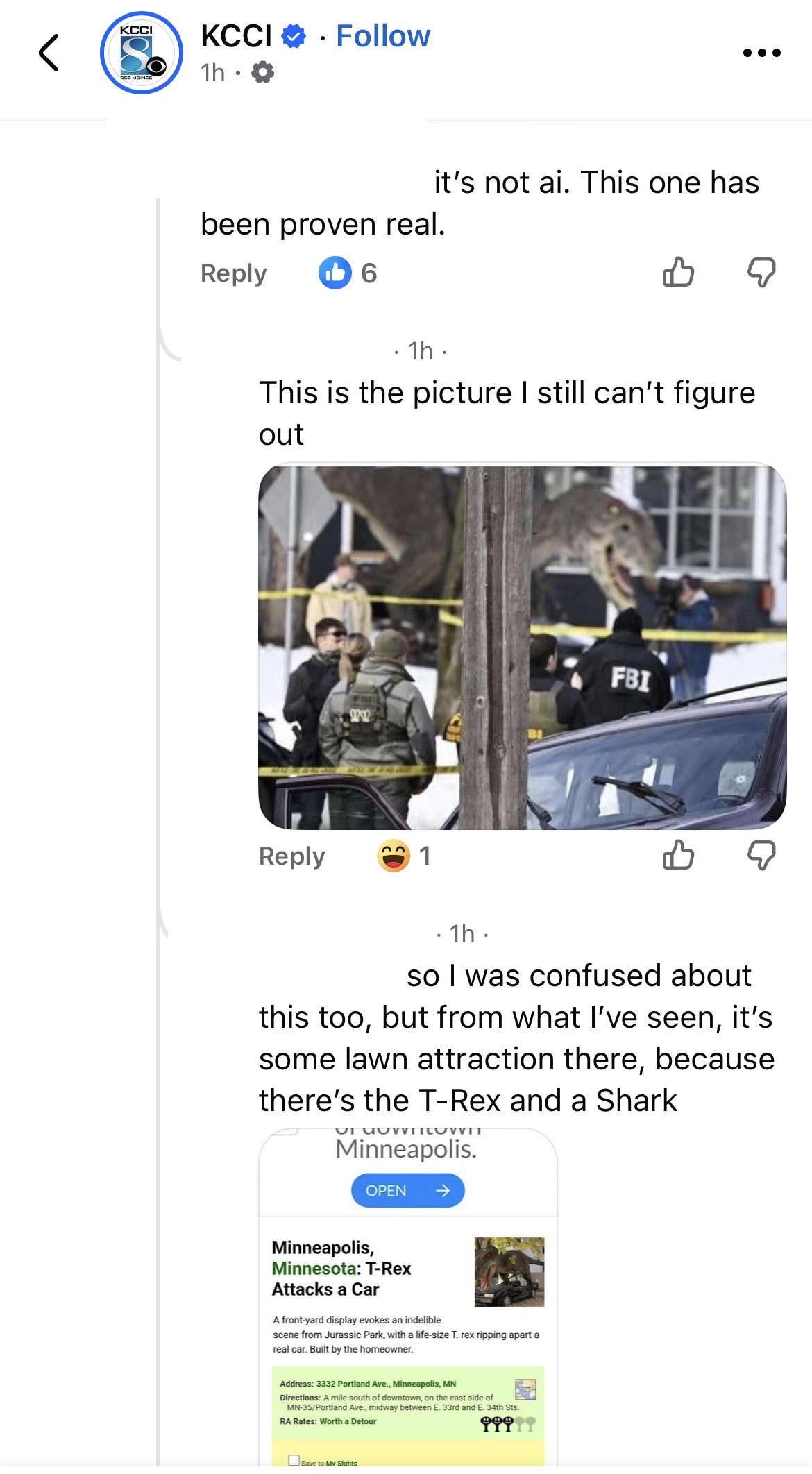 Facebook commenters debating whether a Minneapolis news photo was AI-generated — the "suspicious" element turned out to be a real Jurassic Park T-Rex statue on a car
