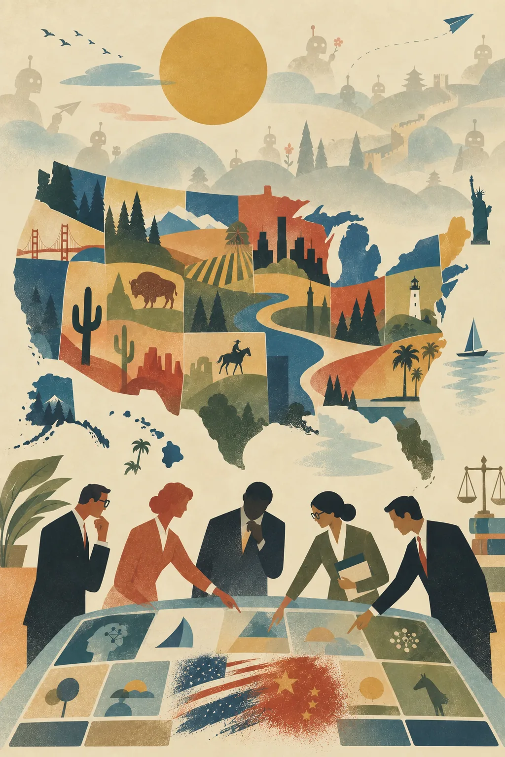Five attorneys studying a table of AI models beneath a map of the United States, with a U.S. flag and a PRC flag blended together on the table
