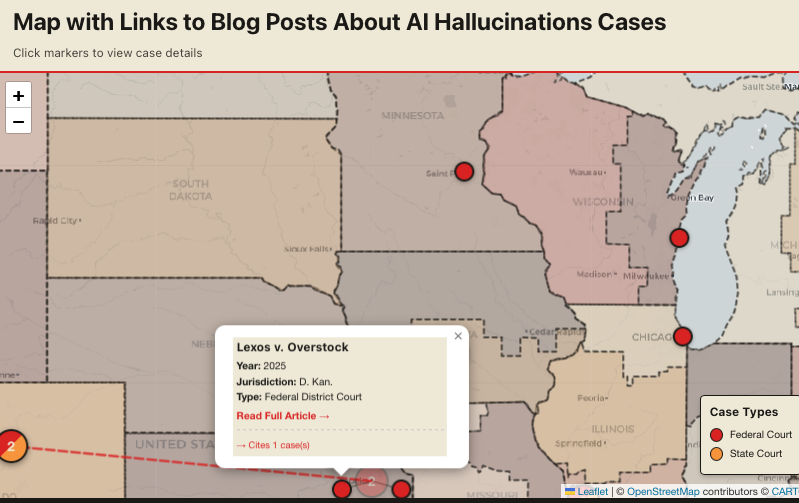Screenshot of map centered on central U.S., including Colorado, Kansas, and Wisconsin cases.
